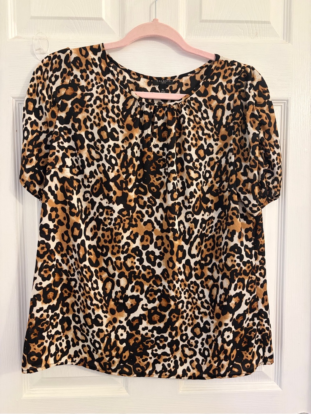 Talbots Leopard-Print Short Sleeve Blouse in Black and Brown. Size medium $10